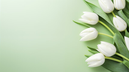 White and green Easter eggs, white tulips on a light, pastel, green paper background, space for text, top view