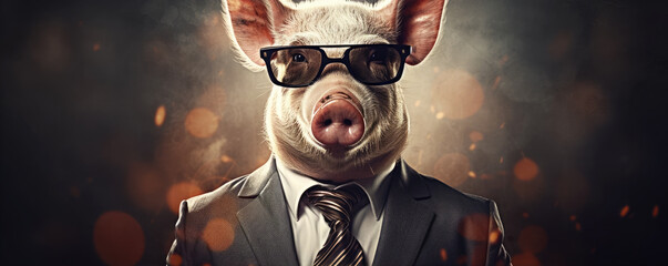 Funny pig portrait on wide background.