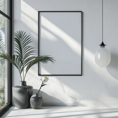 Minimalist Interior Poster Mockup with Square Metal Frame and Vase of Plants against White Wall
