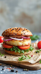 Vegetarian burger with grilled halloumi cheese, fresh lettuce, tomato, and onion on a rustic table. Lunch banner with copy space, showcasing a delicious and hearty meat-free option.