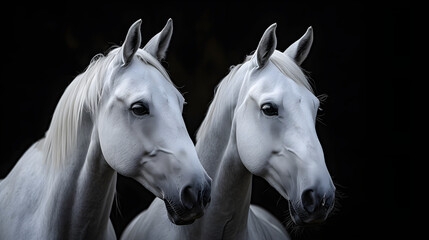 Two white horses on a black background close-up