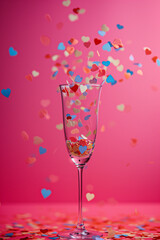 Champagne glass with falling pastel color heart shaped confetti over a blue background. Banner with copy space. Valentine's Day concept, capturing the romantic essence of the celebration.