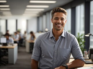 Obraz premium Man Sitting at Desk in Office, Workspace, Professional, Business, Technology, Communication. Generative AI.