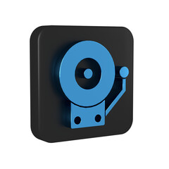 Blue Ringing alarm bell icon isolated on transparent background. Fire alarm system. Service bell, handbell sign, notification symbol. Black square button.