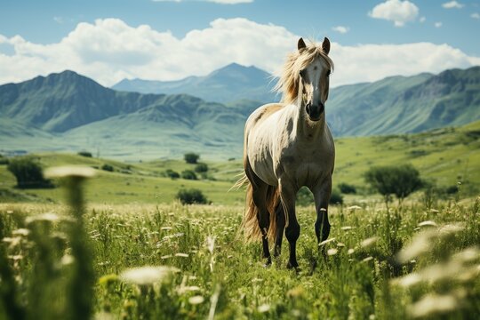 galloping horse walking through a green field, an endless landscape of a farmland. Concept: horse breeding, ranch. Banner with copy space