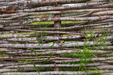 Detail of handmade rustic or garden fence made of wicker tree trunks and branches. Natural wooden fence background.