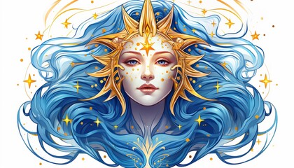 Aesthetic white background with smiling sun, clouds, stars, and magic tarot card on celestial banner
