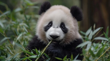 Panda eating bamboo. Cute panda bear with bamboo looking at camera