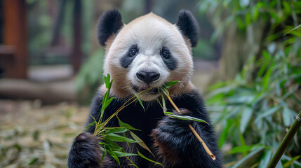 Fototapeta premium Panda eating bamboo. Cute panda bear with bamboo looking at camera
