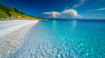 clear turquoise water and white pebbles on the beach