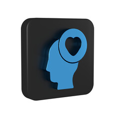 Blue Human head with heart icon isolated on transparent background. Love concept with human head. Black square button.
