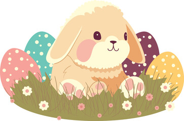 Easter rabbit with eggs jentle vector illustration in pastel colors. Fluffy funny bunny.