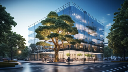Eco-friendly building in the modern city. Sustainable glass office building with tree for reducing carbon dioxide - obrazy, fototapety, plakaty