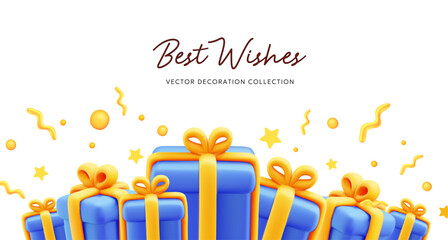 Vector illustration of realistic blue gift box with yellow ribbon and text best wishes. 3d style holiday template design of pile of present box on white color background. Festive gift surprise