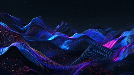 a black background with a few neon colors waves, geometric waves shapes, dark blue, purple, black,...