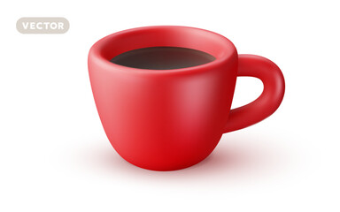 Vector illustration of realistic red cup with coffee on white background. 3d style design of coffee cup