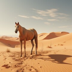 A horse standing against the background of the desert, hooves in the sand. Concept: horse breeding, ranch. Banner with copy space
