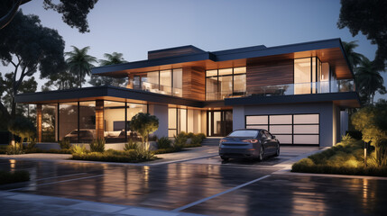 Beautiful evening exterior of a large modern home with glowing interior lighting and landscaping	
 - obrazy, fototapety, plakaty
