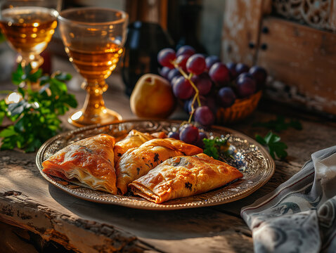 Oriental dish, oriental cuisine. Traditional Turkish pastry wrapped in phyllo. Turkish name gul boregi or gul borek. Food illustration. Photorealistic, background with bokeh effect. 