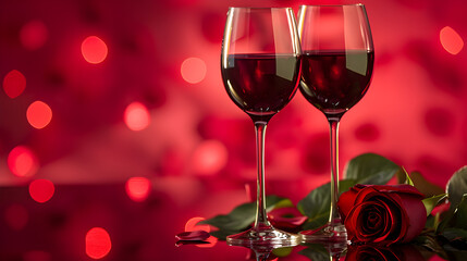 Two glasses of wine and roses on a red background