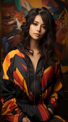 A Chinese girl donning a black tracksuit with colorful stripes strikes a confident pose against a solid orange background with geometric shapes and lines