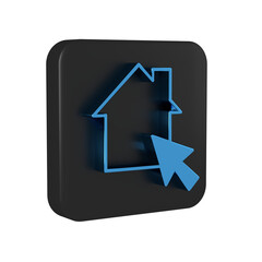 Blue Online working icon isolated on transparent background. Freelancer man working on laptop at his house. Remote work. Distant job concept. Black square button.
