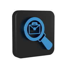 Blue Magnifying glass with briefcase icon isolated on transparent background. Job hunting icon. Work search concept. Unemployment, head hunting, career. Black square button.