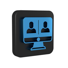 Blue Video chat conference icon isolated on transparent background. Online meeting work form home. Remote project management. Black square button.