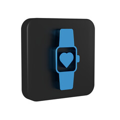 Blue Smart watch showing heart beat rate icon isolated on transparent background. Fitness App concept. Black square button.