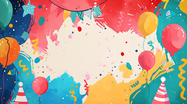 Celebration Galore: Children's Birthday Blank Postcard Layout with Cute balloons and cake , Perfect for Handwritten Birthday Wishes. Playful Patterns, Balloons, Confetti, and Party Hats