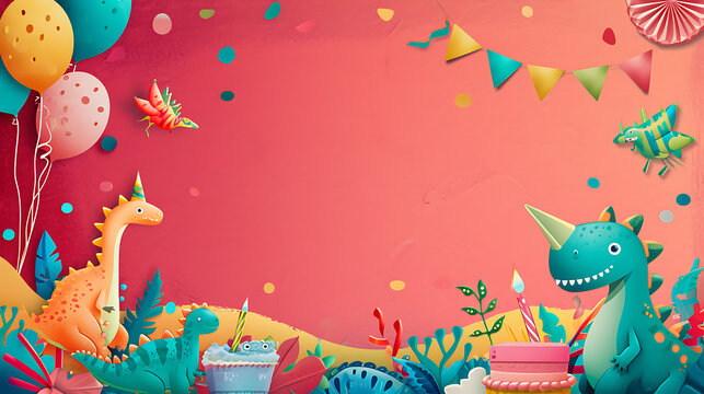 Celebration Galore: Children's Birthday Blank Postcard Layout with Cute balloons, cake and Dinosaurs, Perfect for Handwritten Birthday Wishes. Playful Patterns, Balloons, Confetti, and Party Hats - Powered by Adobe