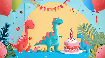 Obraz premium Celebration Galore: Children's Birthday Blank Postcard Layout with Cute balloons, cake and Dinosaurs, Perfect for Handwritten Birthday Wishes. Playful Patterns, Balloons, Confetti, and Party Hats