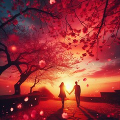 Couple at sunset holding hands