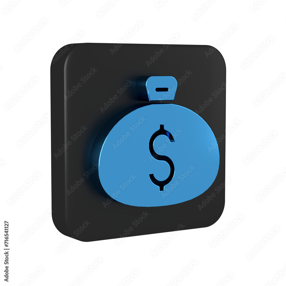 Sticker Blue Money bag icon isolated on transparent background. Dollar or USD symbol. Cash Banking currency sign. Black square button.