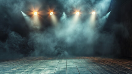 room with a wall,  Empty concert stage with illuminated spotlights and smoke. Stage background with...