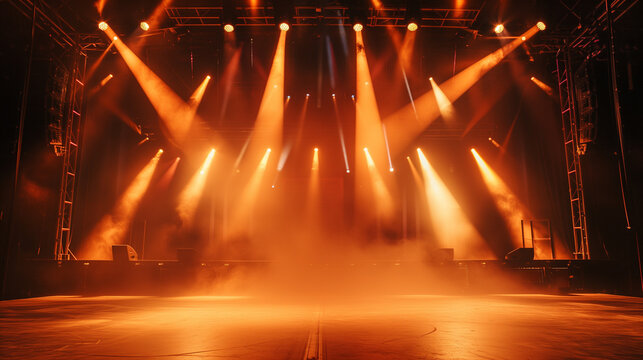 lights in the night,  Empty concert stage with illuminated spotlights and smoke. Stage background with copy space. Ai generated image 