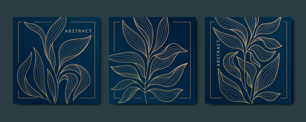 Vector set of background art patterns, line luxury leaves design, floral art deco ornament. Nature golden vintage cards, tropical illustrations.