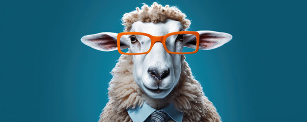 Cool sheep with sunny glasses and tie on blue background. copy space for your text.