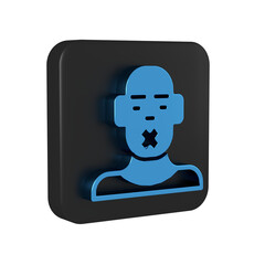 Blue Head of deaf and dumb guy icon isolated on transparent background. Dumbness sign. Disability concept. Black square button.