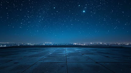Fotobehang Starry night on an urban rooftop, concrete floor with star-like speckles, enveloped by a dark blue sky with bright twinkling stars, contrast of urban ruggedness and celestial beauty, spacious a © 1st footage