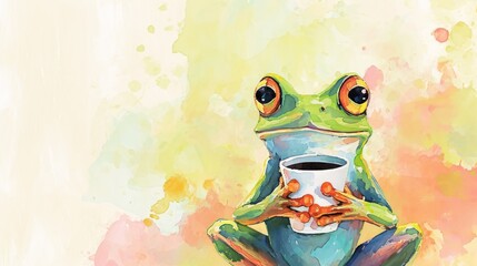 Watercolor frog illustration. Frog holding cup of coffee. Hand painted image of a cute frog. Frog clipart, wallpaper.