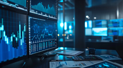 An elegant office space with a professional analyzing a series of financial reports and market graphs spread across a desk, with digital screens displaying stock exchange data in the background - obrazy, fototapety, plakaty