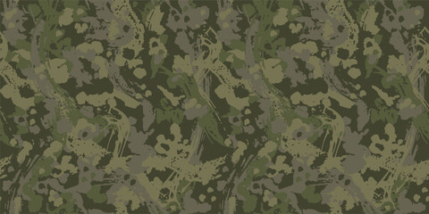 Abstract jungle camouflage seamless dark khaki green pattern. Camo background, curved wavy stripped. Military print for design, wallpaper, textile. Vector illustration - obrazy, fototapety, plakaty