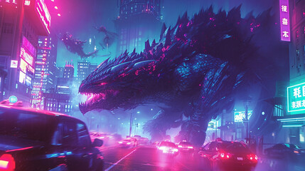 An animated scene of a giant dragon-like creature attacking a futuristic city, with vehicles fleeing in panic The art style is influenced by Japanese anime, with vibrant colors and dramatic act