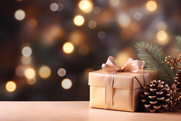 christmas and new year background - gift boxes and pine cones and branches on the background of bokeh garlands
