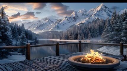 landscape with lake, a fire pit sitting on top of a wooden deck next to a forest covered mountain range with snow covered mountains - obrazy, fototapety, plakaty