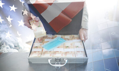 A metal suitcase filled with Russian banknotes of 5000 rubles. Double exposure. Investment, bribe, corruption concept.