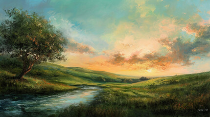 A serene landscape with rolling hills, a flowing river in the foreground, sunset hues in the sky, an old oak tree on the left Colors green, blue, orange, brown Dutch angle view, soft lighting,