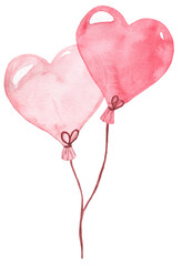 Hand-drawn air balloons. Watercolor pink heart-shaped balloon illustration. PNG clipart.