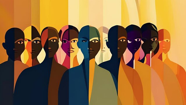 An ilration showing a group of people all facing the same direction but with different facial expressions. Psychology art concept.
